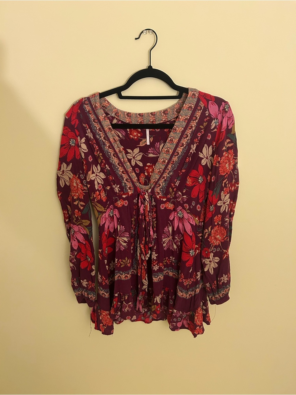 Free People Burgundy Floral V-Neck Peasant Tunic